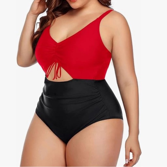 Daci Women Red Black Plus Size Swimsuits 1 Piece Cutout Tummy Control V Neck - Picture 3 of 10